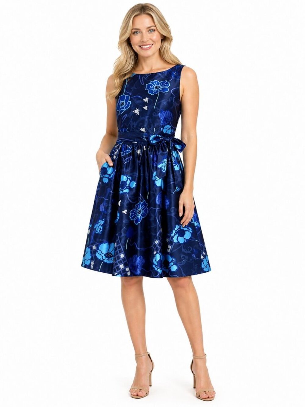 eShakti Fit & Flare Waist Sash Floral Sleeveless Dress